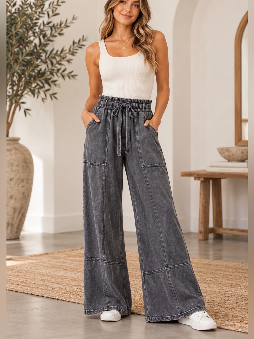 Zenana Outfitters Charcoal High-Rise Wide Leg Drawstring Pants 🌼